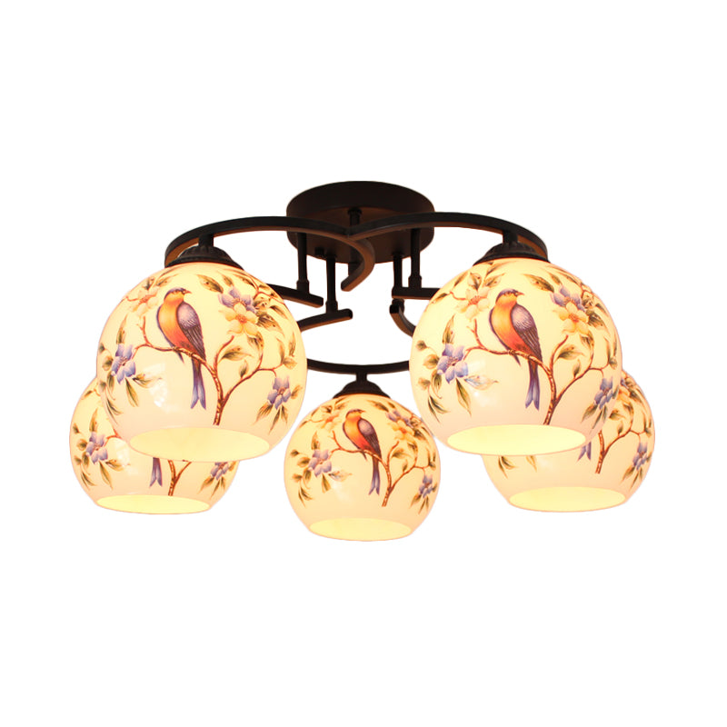 Mediterranean 5-Light Semi Flush Cut Glass Ceiling Lamp with Floral and Animal Motifs