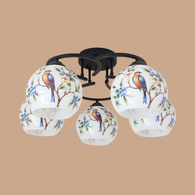 Mediterranean 5-Light Semi Flush Cut Glass Ceiling Lamp with Floral and Animal Motifs