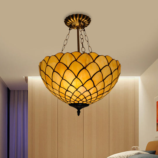 Beige Glass Semi Flush Light with Baroque Style Domed Shade - Ceiling Mounted Fixture