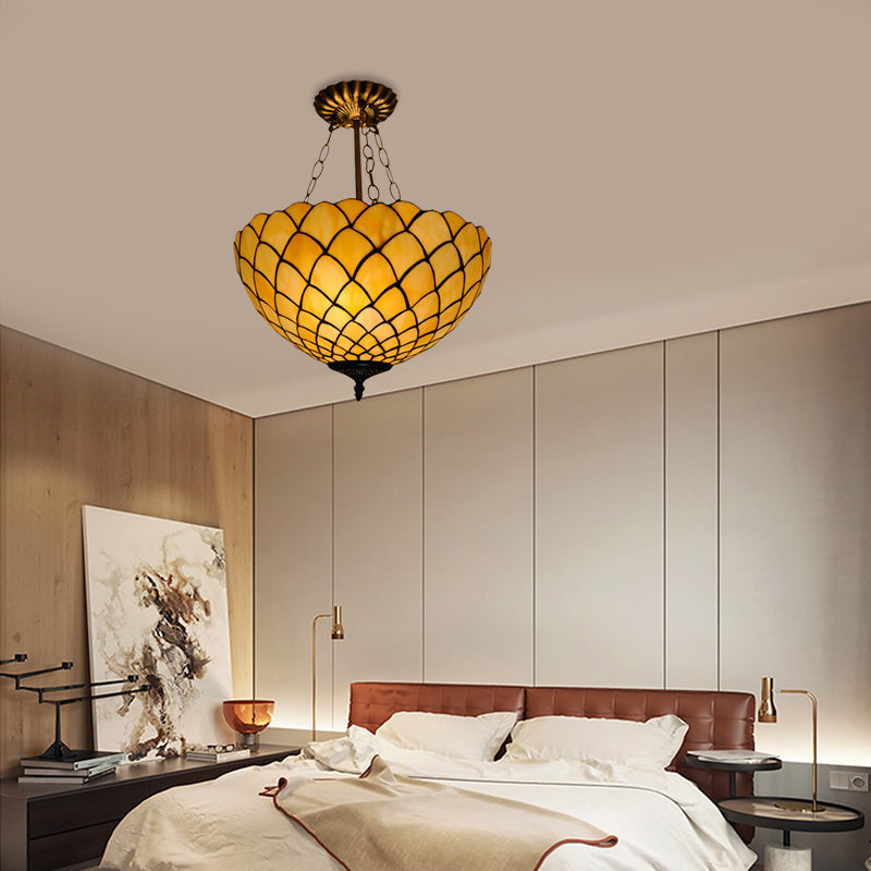 Beige Glass Semi Flush Light With Baroque Style Domed Shade - Ceiling Mounted Fixture