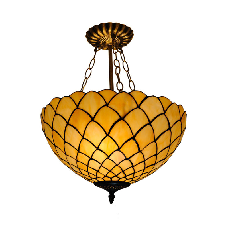 Beige Glass Semi Flush Light with Baroque Style Domed Shade - Ceiling Mounted Fixture