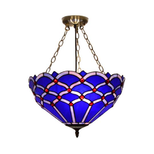 White/Blue Glass Baroque Ceiling Lamp - 3-Light Semi Mount Lighting Bowl for Living Room