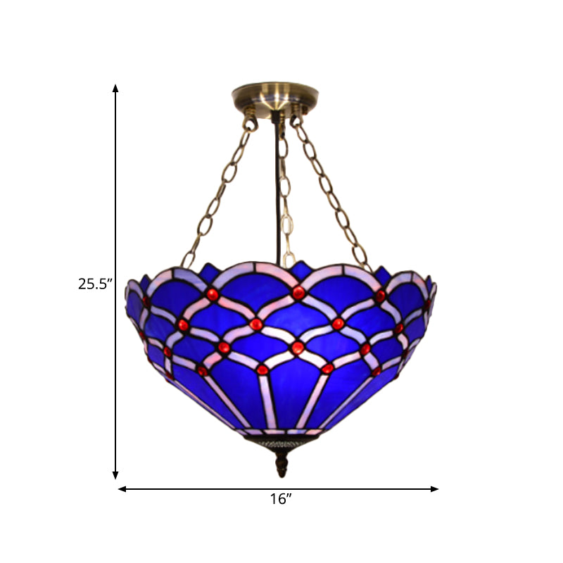 White/Blue Glass Baroque Ceiling Lamp - 3-Light Semi Mount Lighting Bowl for Living Room