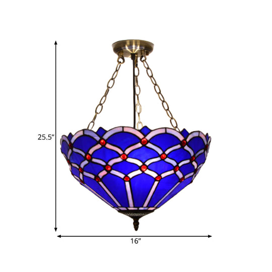 White/Blue Glass Baroque Ceiling Lamp - 3-Light Semi Mount Lighting Bowl for Living Room