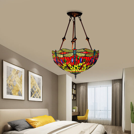 Tiffany Style Dragonfly Semi-Flush Ceiling Light with 2 Red/Orange Cut Glass Lights and Bronze Finish for Living Room