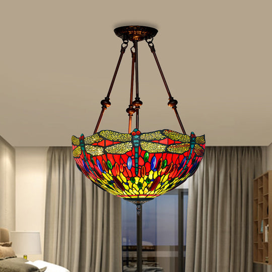 Tiffany Style Dragonfly Semi-Flush Ceiling Light with 2 Red/Orange Cut Glass Lights and Bronze Finish for Living Room