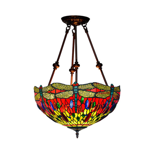 Tiffany Style Dragonfly Semi-Flush Ceiling Light with 2 Red/Orange Cut Glass Lights and Bronze Finish for Living Room