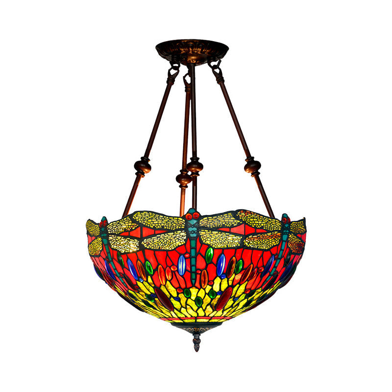 Tiffany Style Dragonfly Semi-Flush Ceiling Light With 2 Red/Orange Cut Glass Lights And Bronze