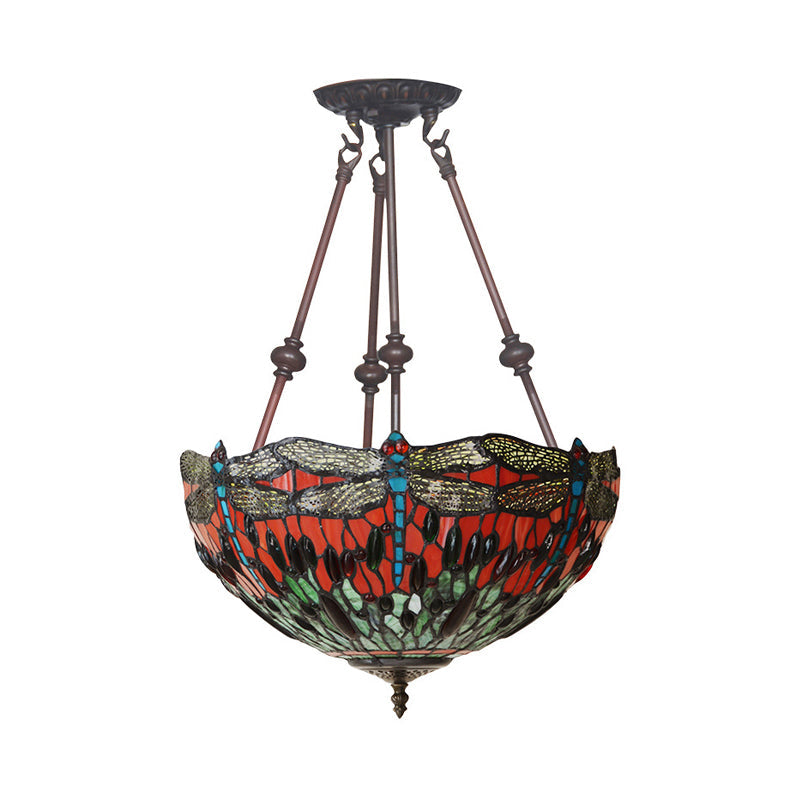 Tiffany Style Dragonfly Semi-Flush Ceiling Light with 2 Red/Orange Cut Glass Lights and Bronze Finish for Living Room