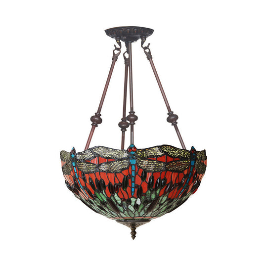 Tiffany Style Dragonfly Semi-Flush Ceiling Light With 2 Red/Orange Cut Glass Lights And Bronze