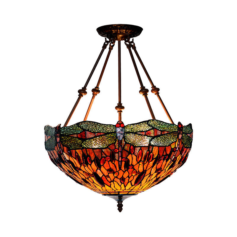 Tiffany Style Dragonfly Semi-Flush Ceiling Light with 2 Red/Orange Cut Glass Lights and Bronze Finish for Living Room