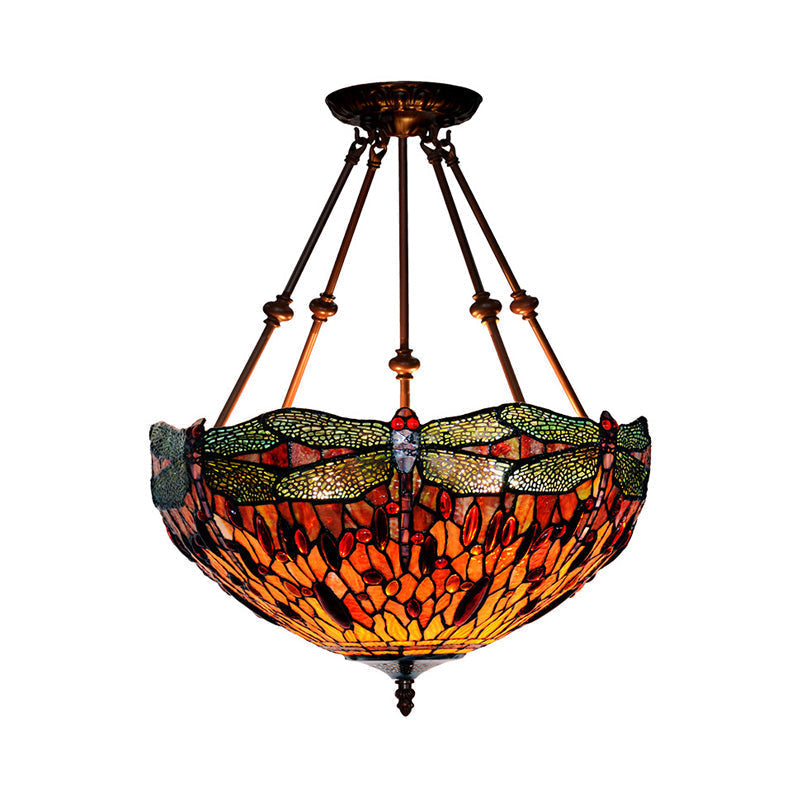 Tiffany Style Dragonfly Semi-Flush Ceiling Light With 2 Red/Orange Cut Glass Lights And Bronze