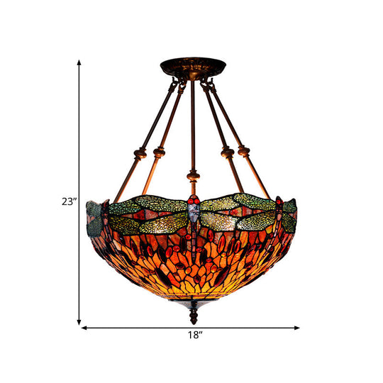 Tiffany Style Dragonfly Semi-Flush Ceiling Light with 2 Red/Orange Cut Glass Lights and Bronze Finish for Living Room