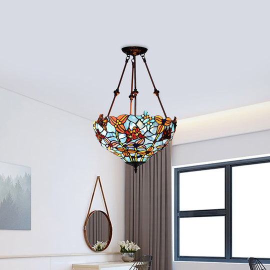 Tiffany Style Flower Cut Glass Semi Mount Ceiling Flush Light - Red/Orange/Blue - 2 Lights - Bronze - Bedroom