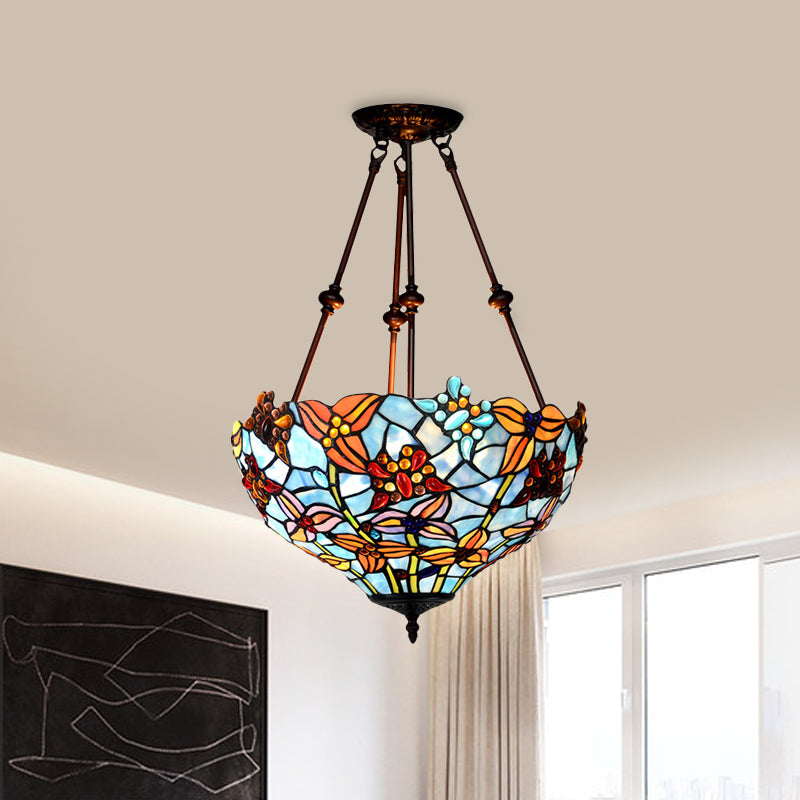 Tiffany Style Flower Cut Glass Semi Mount Ceiling Flush Light - Red/Orange/Blue - 2 Lights - Bronze - Bedroom