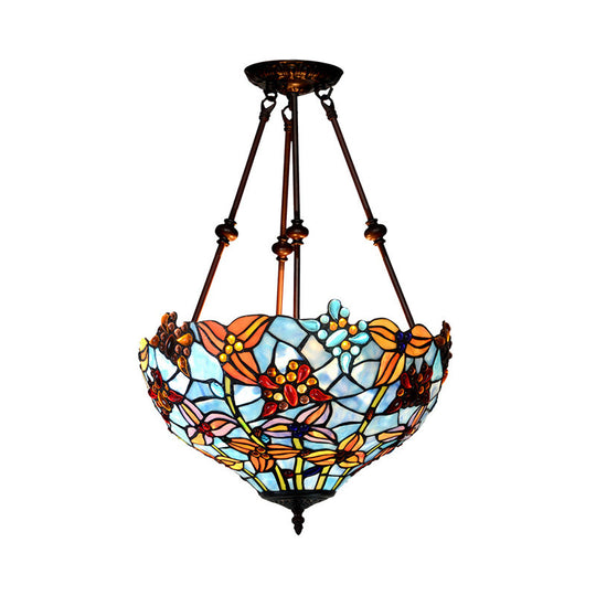 Tiffany Style Flower Cut Glass Semi Mount Ceiling Flush Light - Red/Orange/Blue - 2 Lights - Bronze - Bedroom