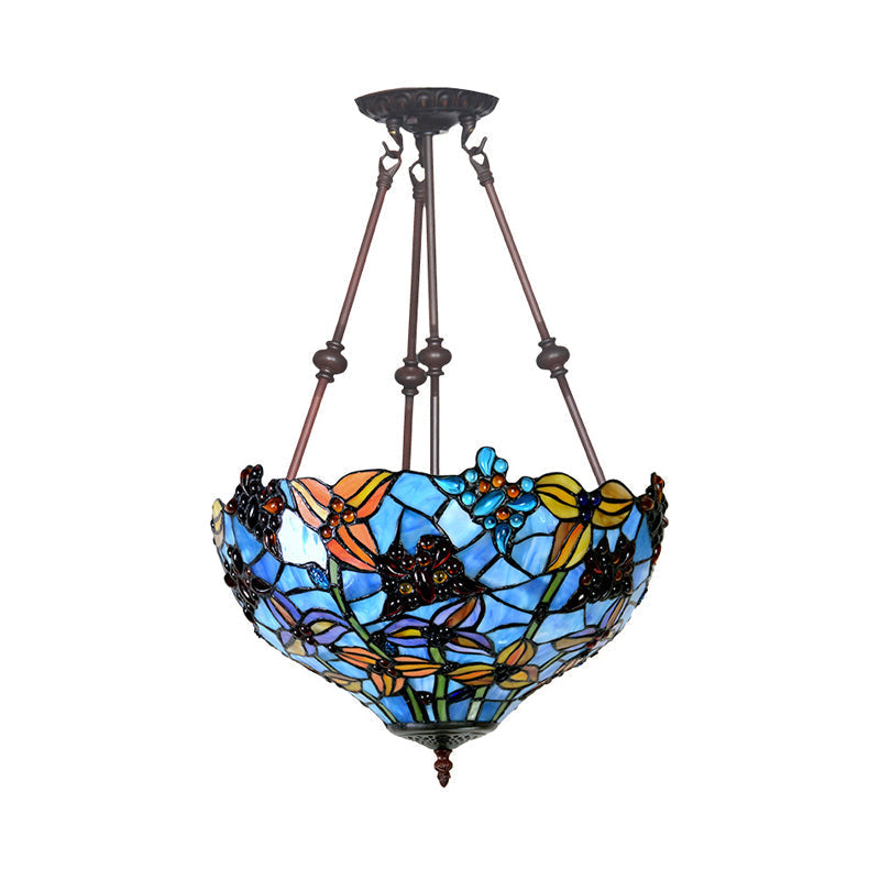 Tiffany Style Flower Cut Glass Semi Mount Ceiling Flush Light - Red/Orange/Blue - 2 Lights - Bronze - Bedroom