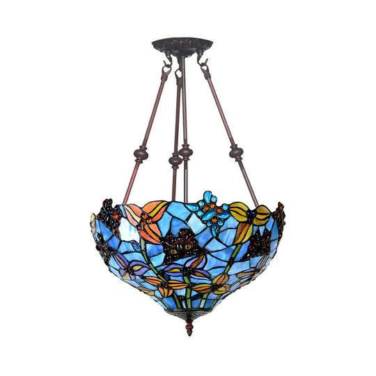 Tiffany Style Flower Cut Glass Semi Mount Ceiling Flush Light - Red/Orange/Blue - 2 Lights - Bronze - Bedroom