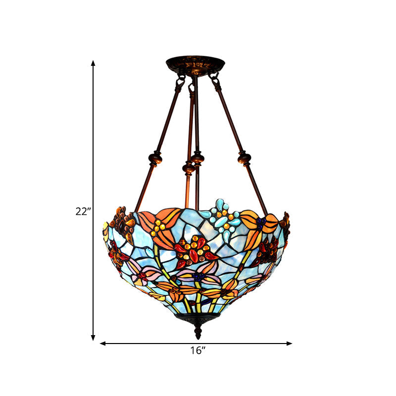 Tiffany Style Flower Cut Glass Semi Mount Ceiling Flush Light - Red/Orange/Blue - 2 Lights - Bronze - Bedroom