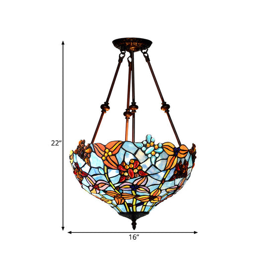 Tiffany Style Flower Cut Glass Semi Mount Ceiling Flush Light - Red/Orange/Blue - 2 Lights - Bronze - Bedroom