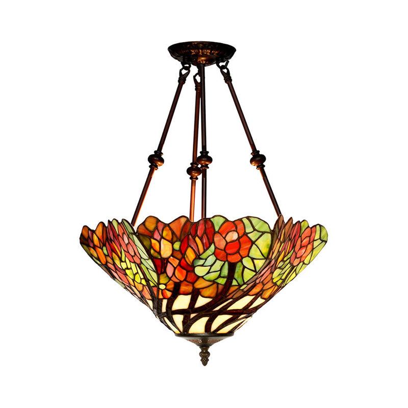 Tiffany Style Flower Cut Glass Semi Mount Ceiling Flush Light - Red/Orange/Blue - 2 Lights - Bronze - Bedroom