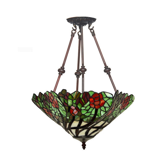 Tiffany Style Flower Cut Glass Semi Mount Ceiling Flush Light - Red/Orange/Blue - 2 Lights - Bronze - Bedroom