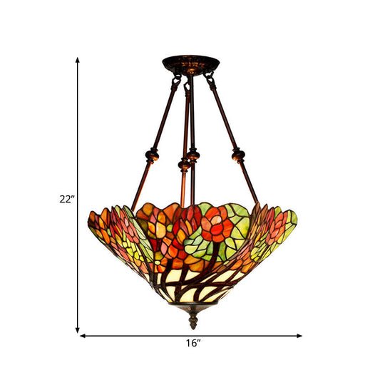 Tiffany Style Flower Cut Glass Semi Mount Ceiling Flush Light - Red/Orange/Blue - 2 Lights - Bronze - Bedroom