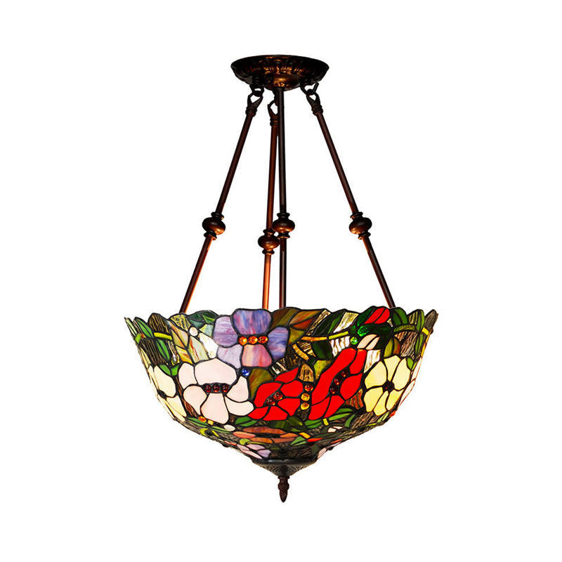 Tiffany Style Flower Cut Glass Semi Mount Ceiling Flush Light - Red/Orange/Blue - 2 Lights - Bronze - Bedroom