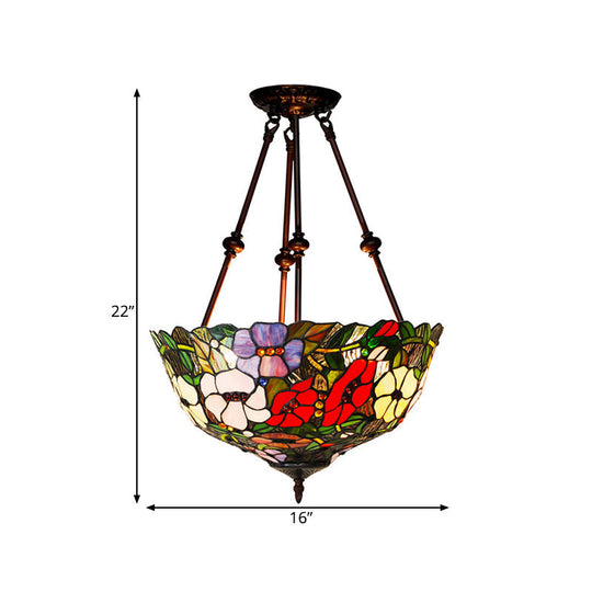 Tiffany Style Flower Cut Glass Semi Mount Ceiling Flush Light - Red/Orange/Blue - 2 Lights - Bronze - Bedroom