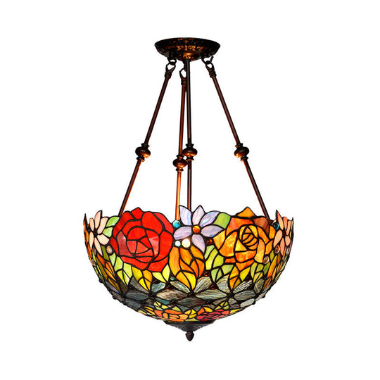 Victorian Bronze Ceiling Light Fixture with Stained Glass Dome Shade - 2-Light Semi Flush for Living Room