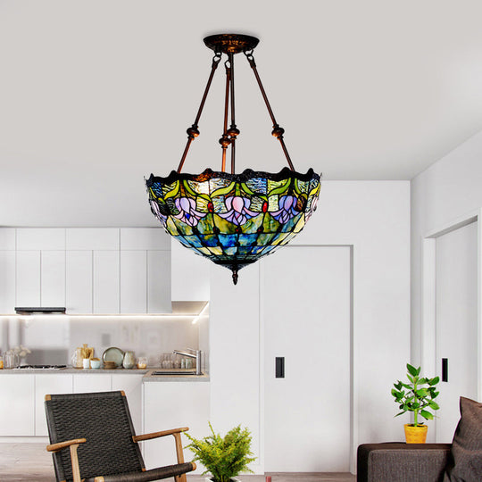 Baroque Red/Yellow/Blue Cut Glass Petal Semi Flush Mount Light: 2-Light Bronze Ceiling Fixture for Living Room