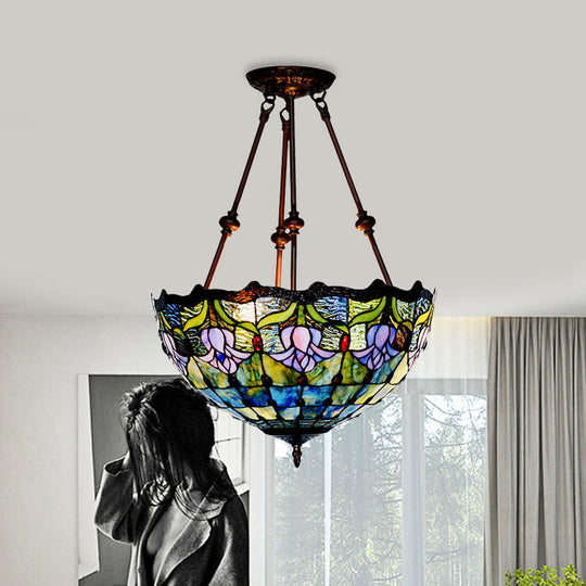 Baroque Red/Yellow/Blue Cut Glass Petal Semi Flush Mount Light: 2-Light Bronze Ceiling Fixture for Living Room