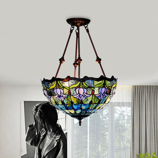 Baroque Red/Yellow/Blue Cut Glass Petal Semi Flush Mount Light: 2-Light Bronze Ceiling Fixture For