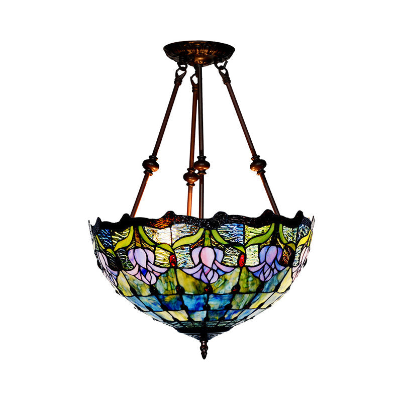 Baroque Red/Yellow/Blue Cut Glass Petal Semi Flush Mount Light: 2-Light Bronze Ceiling Fixture for Living Room