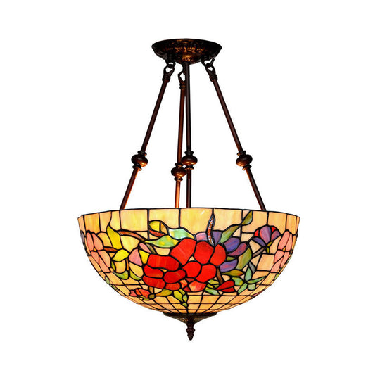 Baroque Red/Yellow/Blue Cut Glass Petal Semi Flush Mount Light: 2-Light Bronze Ceiling Fixture for Living Room