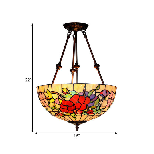 Baroque Red/Yellow/Blue Cut Glass Petal Semi Flush Mount Light: 2-Light Bronze Ceiling Fixture for Living Room