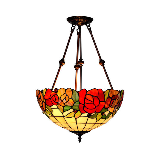 Baroque Red/Yellow/Blue Cut Glass Petal Semi Flush Mount Light: 2-Light Bronze Ceiling Fixture for Living Room