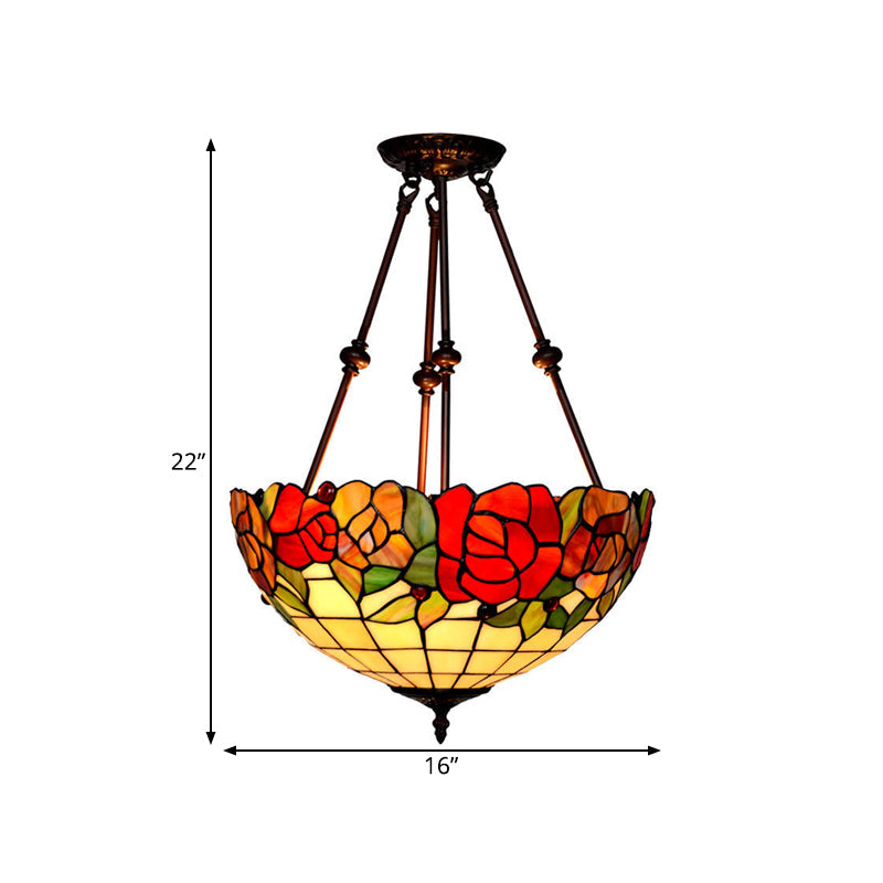 Baroque Red/Yellow/Blue Cut Glass Petal Semi Flush Mount Light: 2-Light Bronze Ceiling Fixture for Living Room