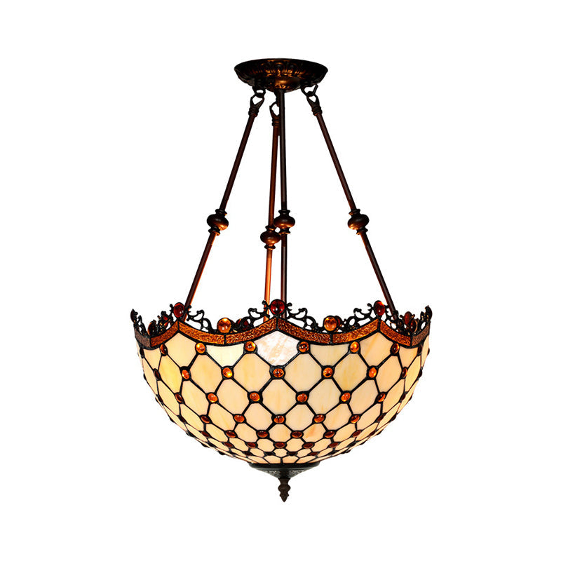 Beige Glass Semi Flush Tiffany Style Ceiling Mount with Beaded Accents - 16"/18" Wide, 2-Light Fixture for Corridors