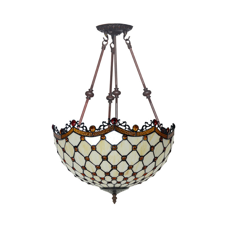 Beige Glass Semi Flush Tiffany Style Ceiling Mount with Beaded Accents - 16"/18" Wide, 2-Light Fixture for Corridors