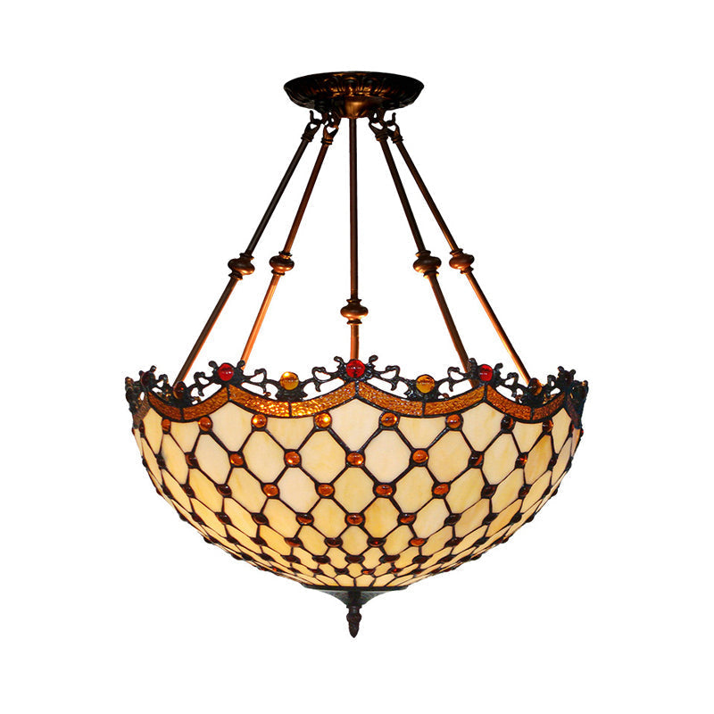 Beige Glass Semi Flush Tiffany Style Ceiling Mount with Beaded Accents - 16"/18" Wide, 2-Light Fixture for Corridors