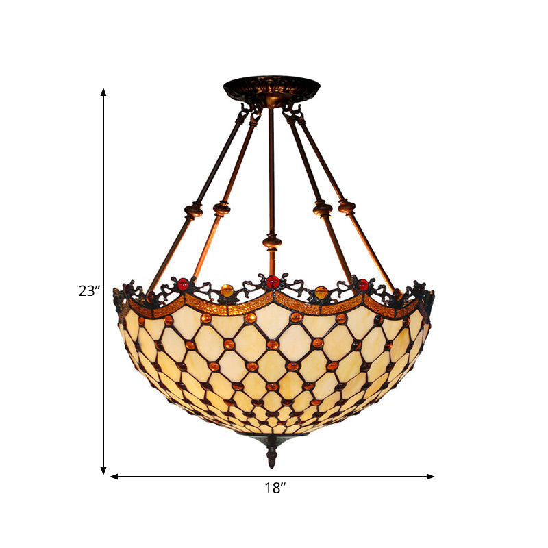 Beige Glass Semi Flush Tiffany Style Ceiling Mount with Beaded Accents - 16"/18" Wide, 2-Light Fixture for Corridors