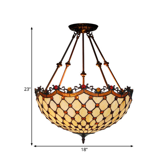 Beige Glass Semi Flush Tiffany Style Ceiling Mount with Beaded Accents - 16"/18" Wide, 2-Light Fixture for Corridors