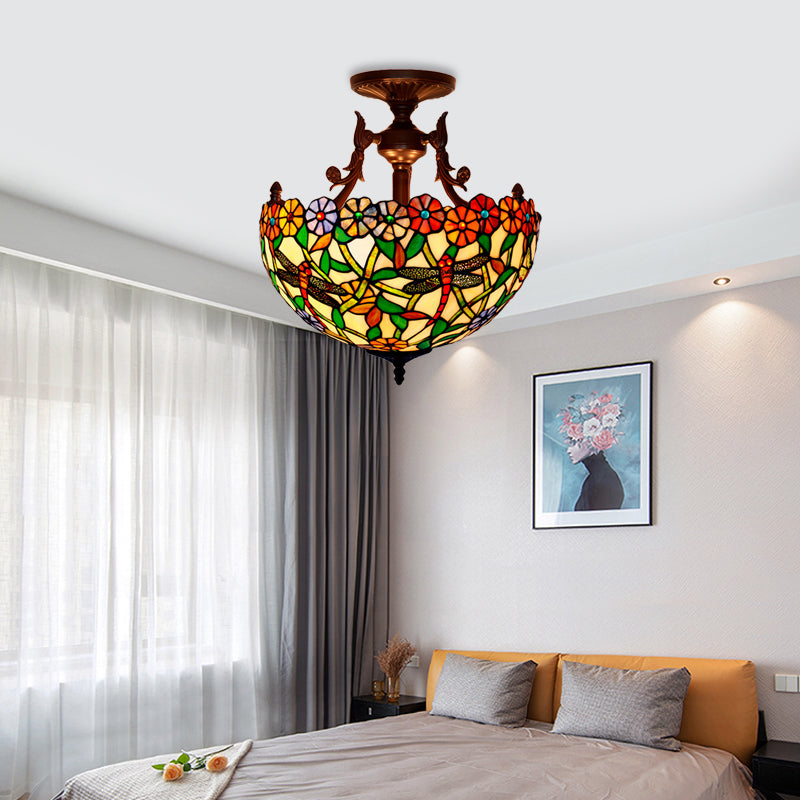 Bronze 3-Light Semi Flush Ceiling Light with Mediterranean Beige/Red/Yellow Glass Shade for Living Room