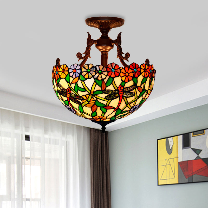 Bronze 3-Light Semi Flush Ceiling Light with Mediterranean Beige/Red/Yellow Glass Shade for Living Room