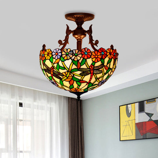 Bronze 3-Light Semi Flush Ceiling Light With Beige/Red/Yellow Mediterranean Glass Shade For Living