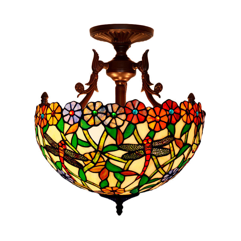 Bronze 3-Light Semi Flush Ceiling Light with Mediterranean Beige/Red/Yellow Glass Shade for Living Room