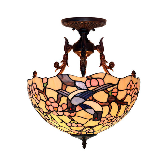 Bronze 3-Light Semi Flush Ceiling Light With Beige/Red/Yellow Mediterranean Glass Shade For Living