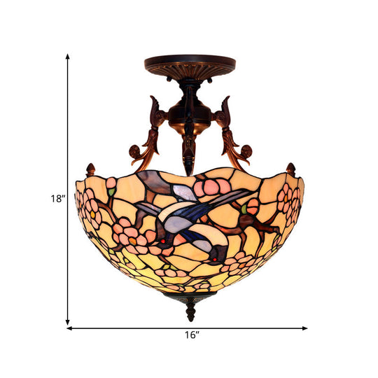 Bronze 3-Light Semi Flush Ceiling Light With Beige/Red/Yellow Mediterranean Glass Shade For Living