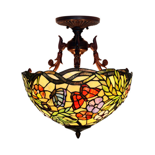 Bronze 3-Light Semi Flush Ceiling Light With Beige/Red/Yellow Mediterranean Glass Shade For Living